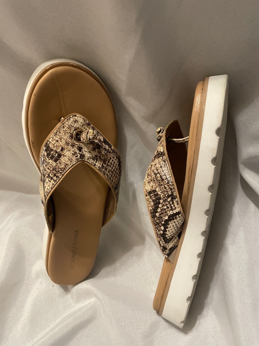 Donald J. Pliner Tan and Black Snake-Print Slide Sandals